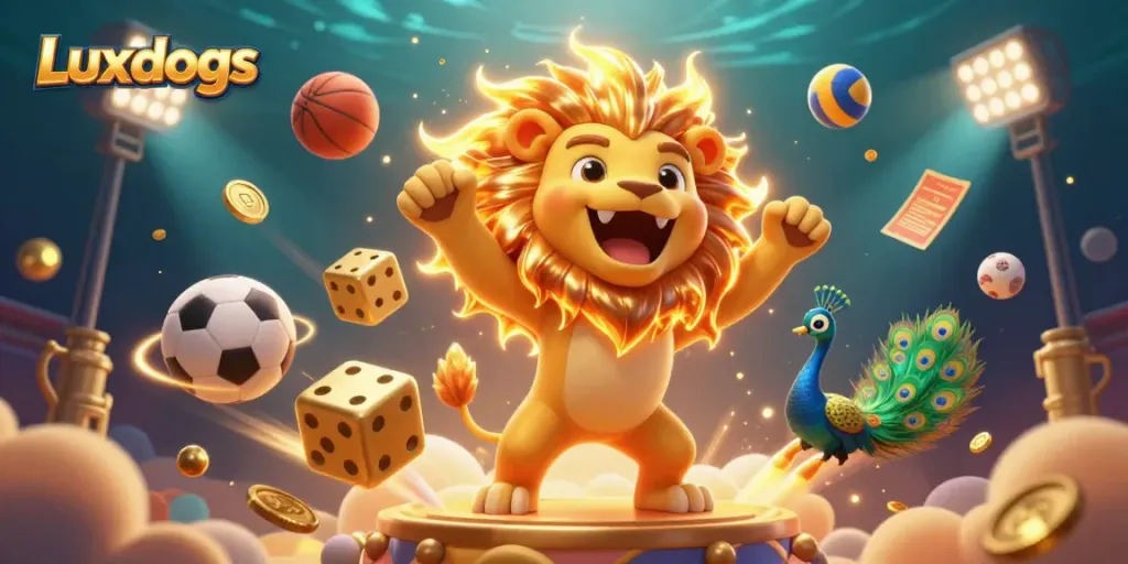 Engage with Luxdogs' exciting fantasy of a sun lion and golden dice amidst a dynamic sports atmosphere.