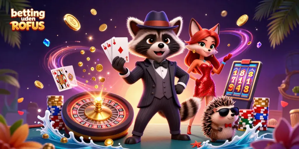 Experience betting uden ROFUS with vibrant scenes of a raccoon, a fox, and a hedgehog in a lively casino
