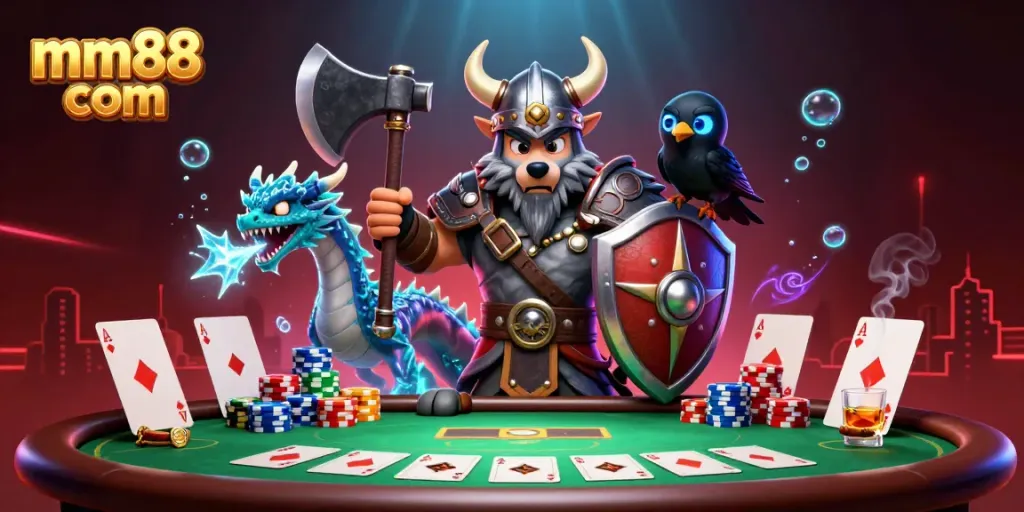 Experience epic battles with the Viking wolf warrior at mm88 com's ultimate poker table.