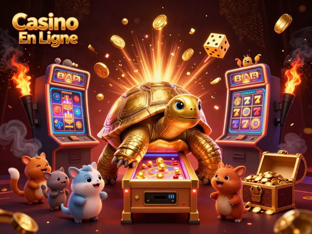 Action de jeu aux casinos en ligne, avec une tortue dorée et des machines à sous en éclat.