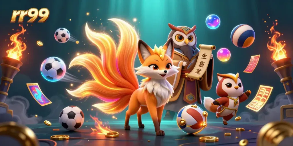Experience the excitement of rr99 with a vibrant 3D illustration showcasing sports betting elements and whimsical characters.