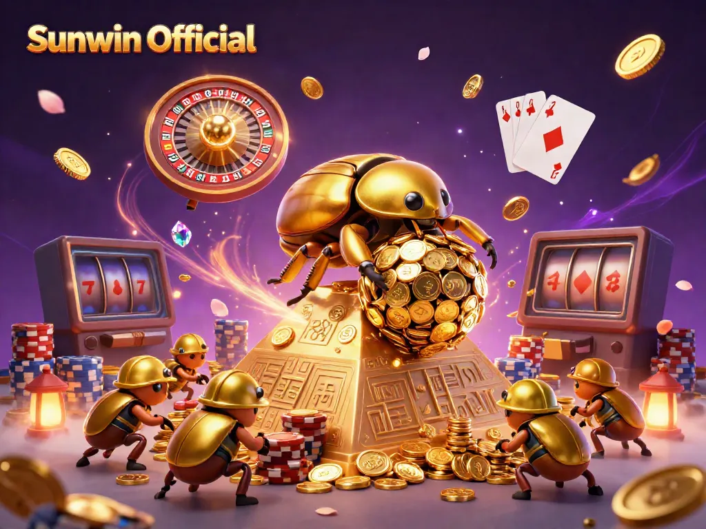 Experience the vibrant energy of Sunwin Official with 3D cartoon elements and casino symbols in a rich, dynamic scene.