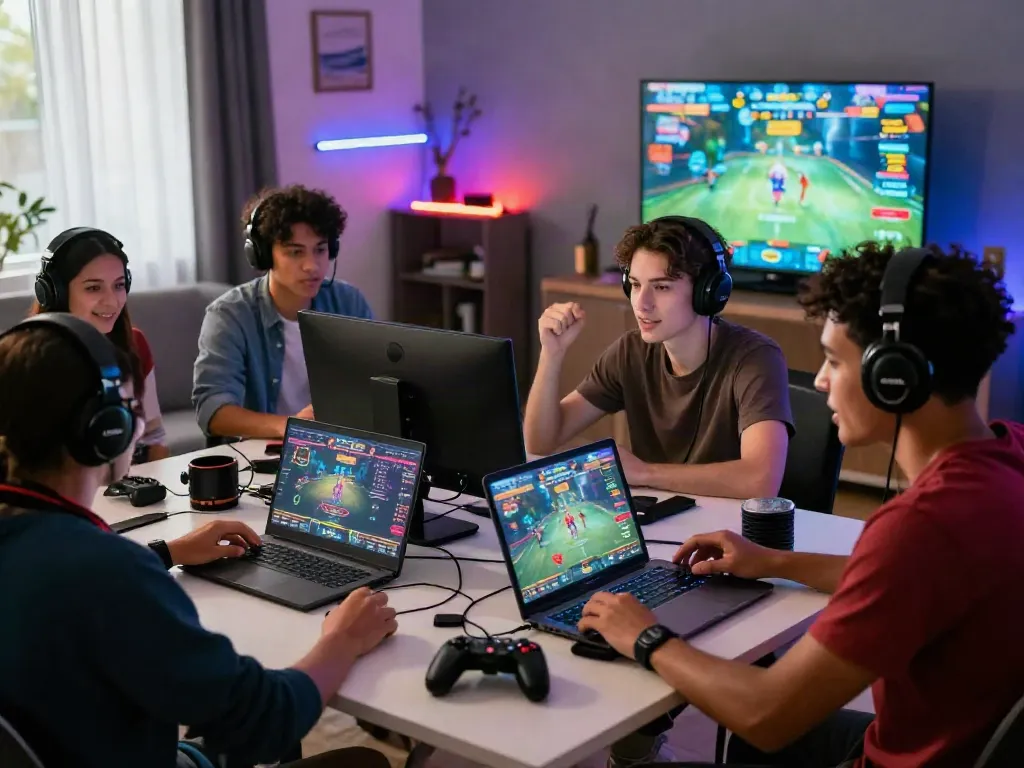 Trò chơi trực tuyến F168 với nhóm bạn đang tham gia game sôi động trong không gian sống hiện đại.