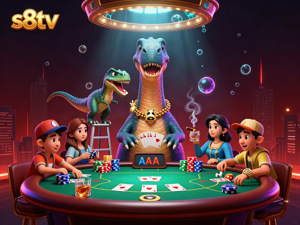 Experience the excitement of s8tv with dynamic casino characters engaged in poker play.