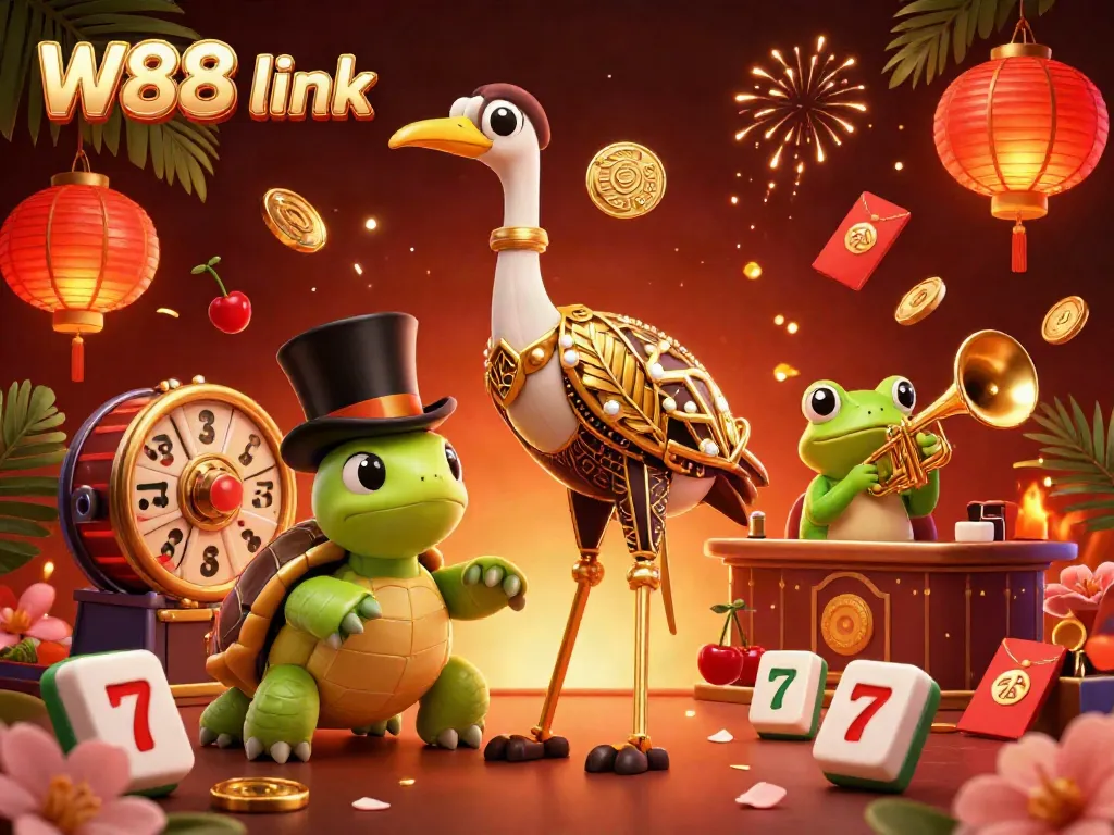 Experience the excitement at W88 link with colorful symbols and characters celebrating casino gaming.
