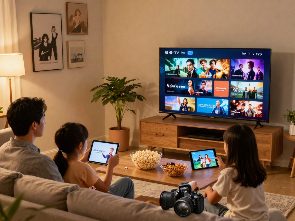 Expérience de streaming Iron TV Pro en famille dans un salon moderne.
