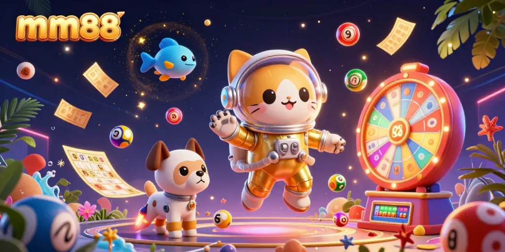 Experience mm88's dynamic world of gaming with a 3D rendering featuring a space cat and vibrant lottery elements.