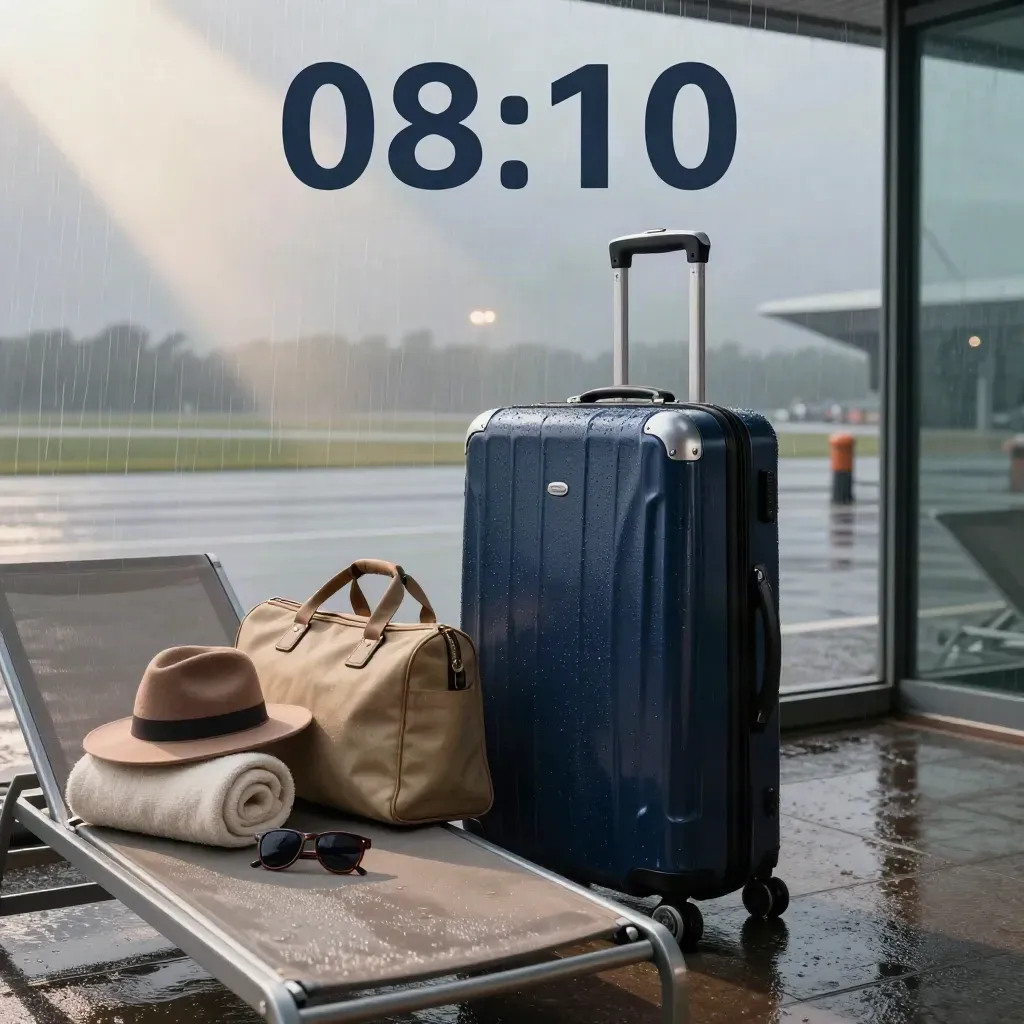 Valise marine, sac sable et accessoires de voyage devant une baie vitrée sur tarmac mouillé.