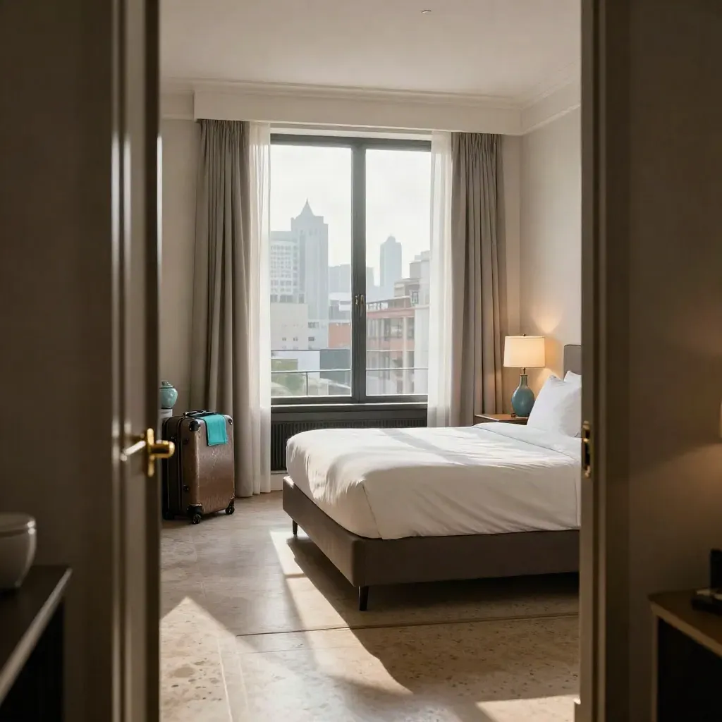 Chambre d’hôtel citadine lumineuse, lit tiré, valise près de la fenêtre et vue urbaine.