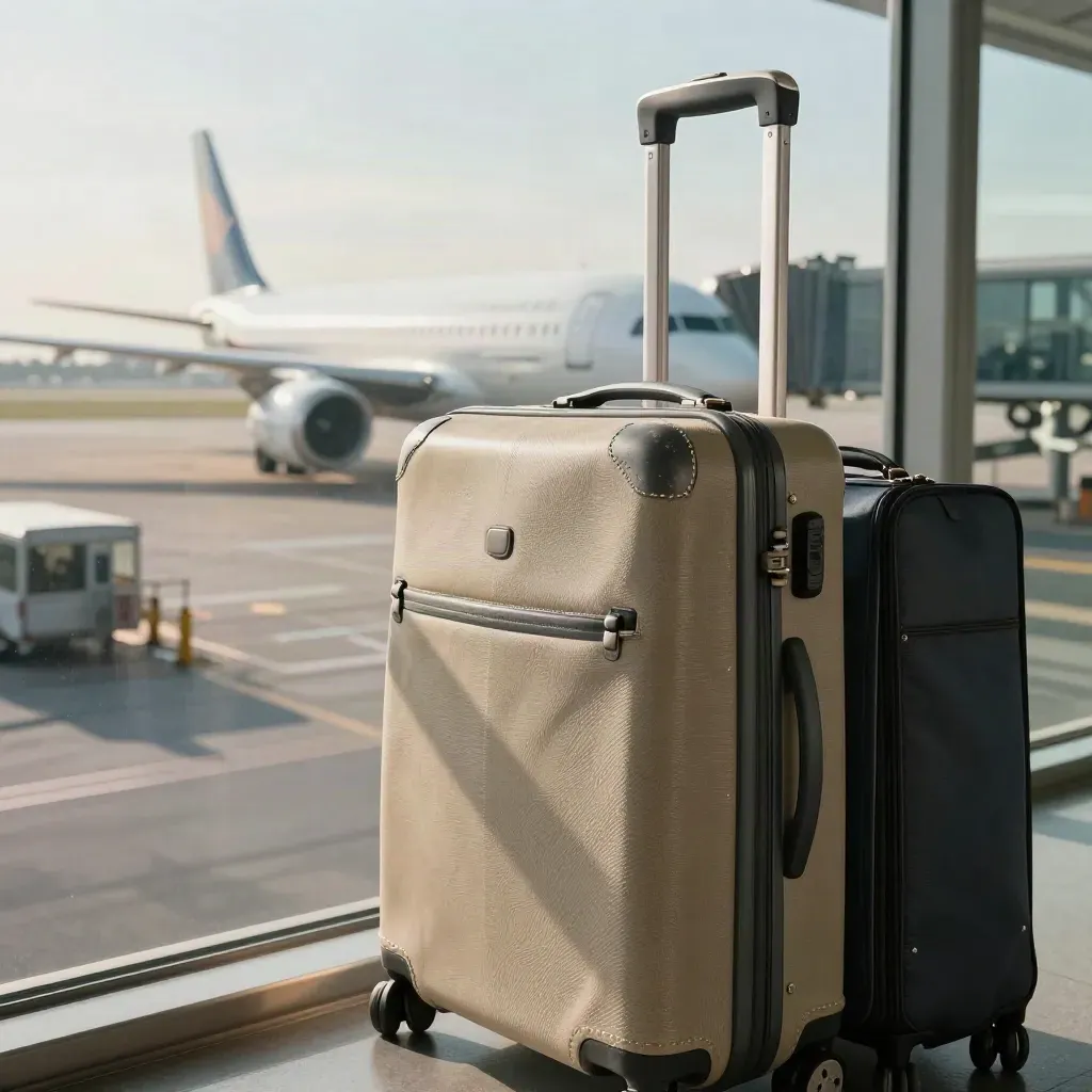 Baie vitrée d’aéroport, valise cabine et sac à roulettes devant un avion au roulage.
