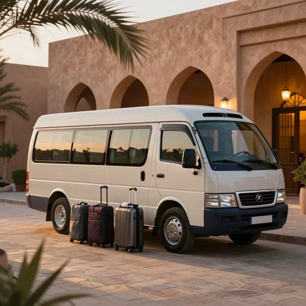 Minibus clair devant un riad, valises alignées et chambres illuminées au coucher du soleil.