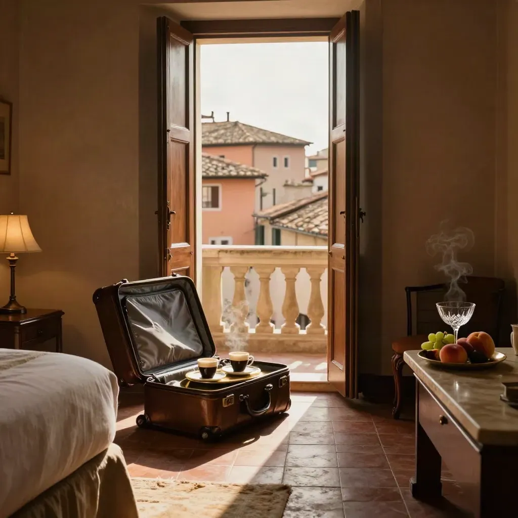Chambre d’hôtel romantique à Rome avec espresso, valise et vue sur les toits.