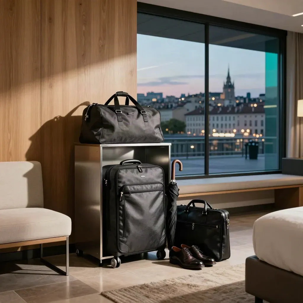 Suite business prête au départ, valise et housse vêtement devant les toits de Lyon au crépuscule.