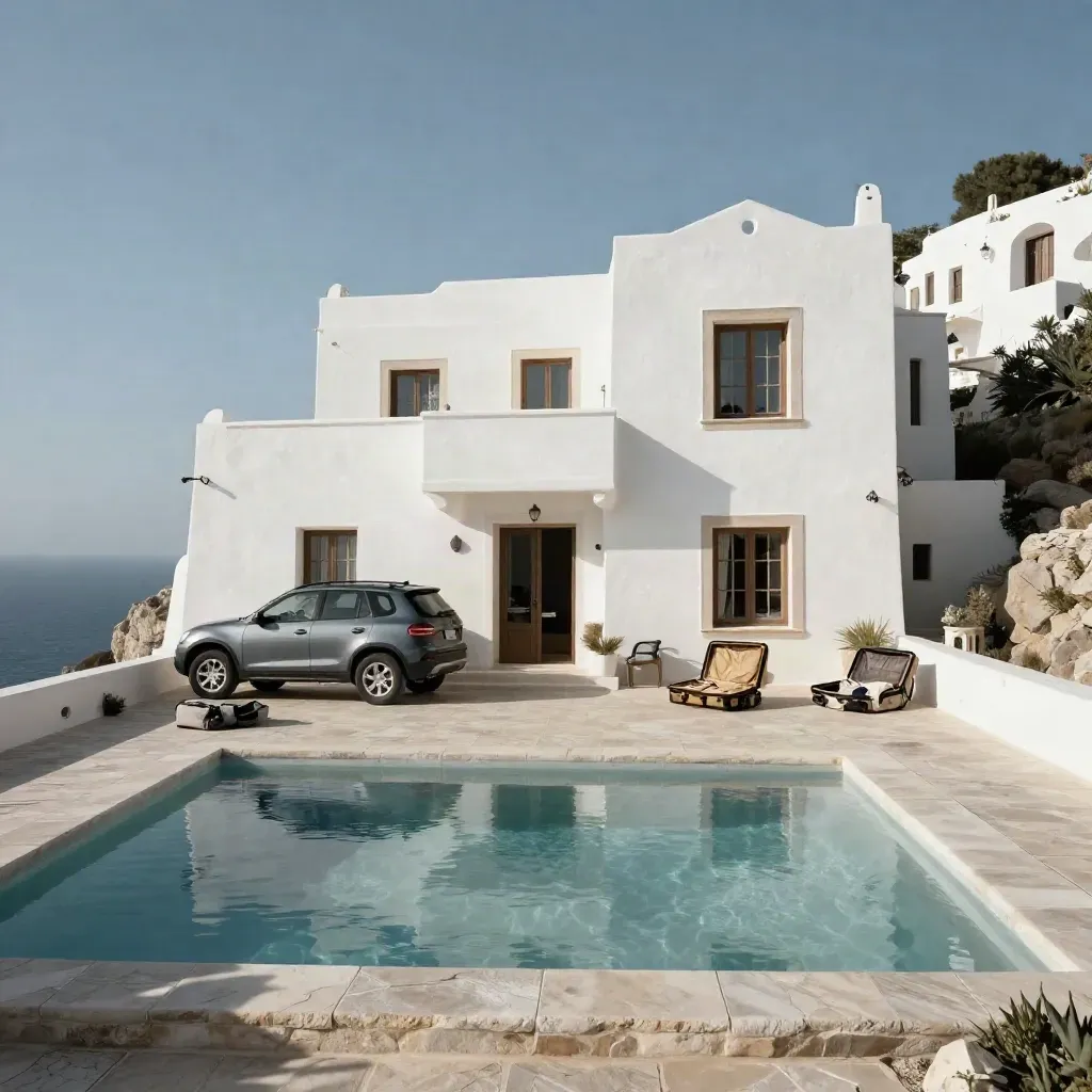 Villa blanche en Crète, SUV garé, valises ouvertes et piscine calme face à la mer.