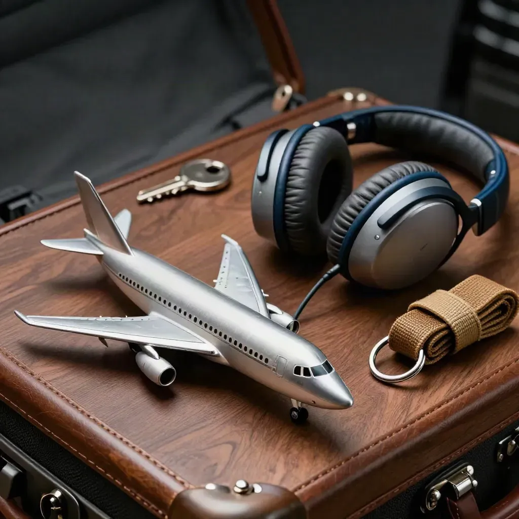 Maquette d’avion, casque audio fermé et anneau de bagage sur un coffre en cuir.