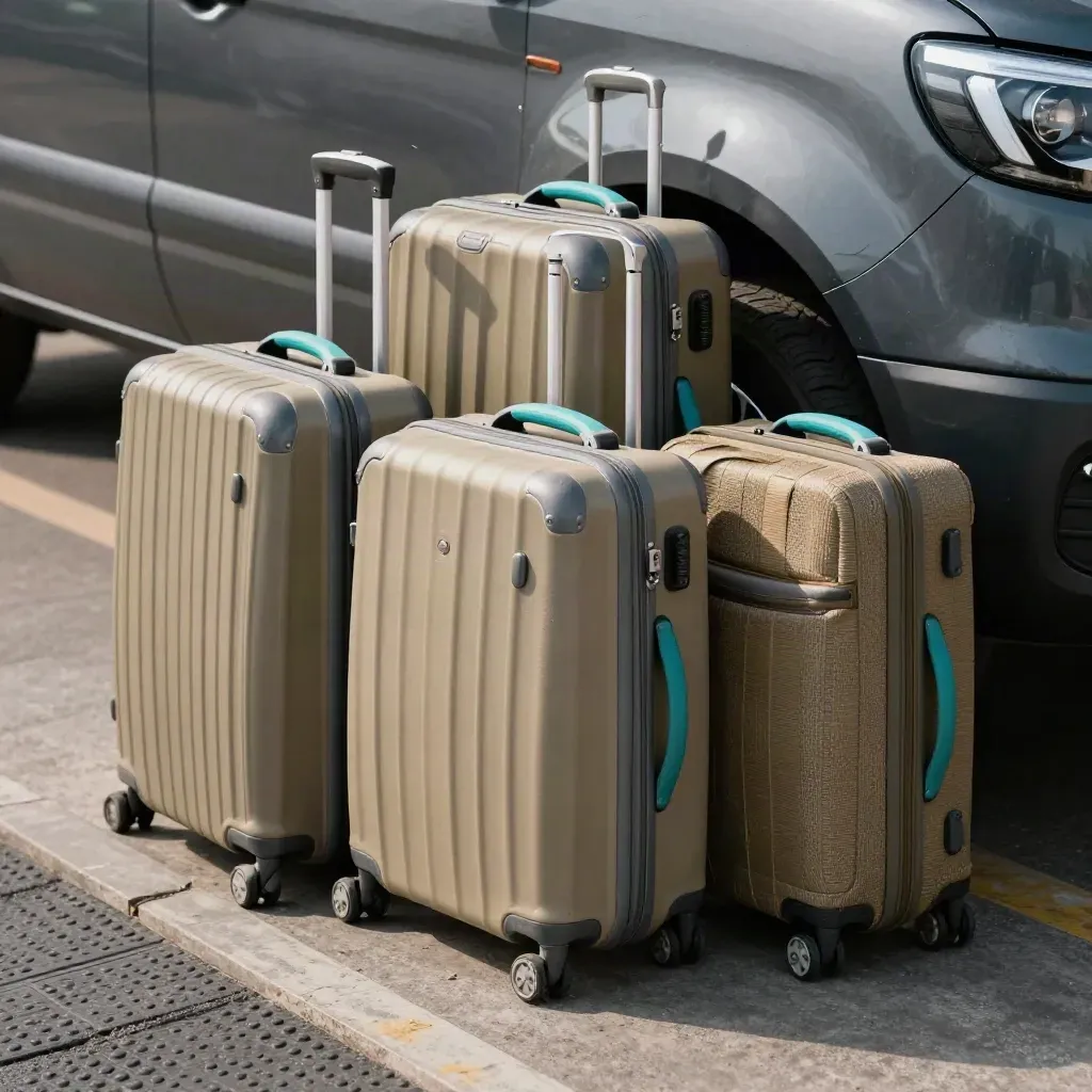 Trois valises cabine et un mini van gris, textures serrées et lumière rasante.