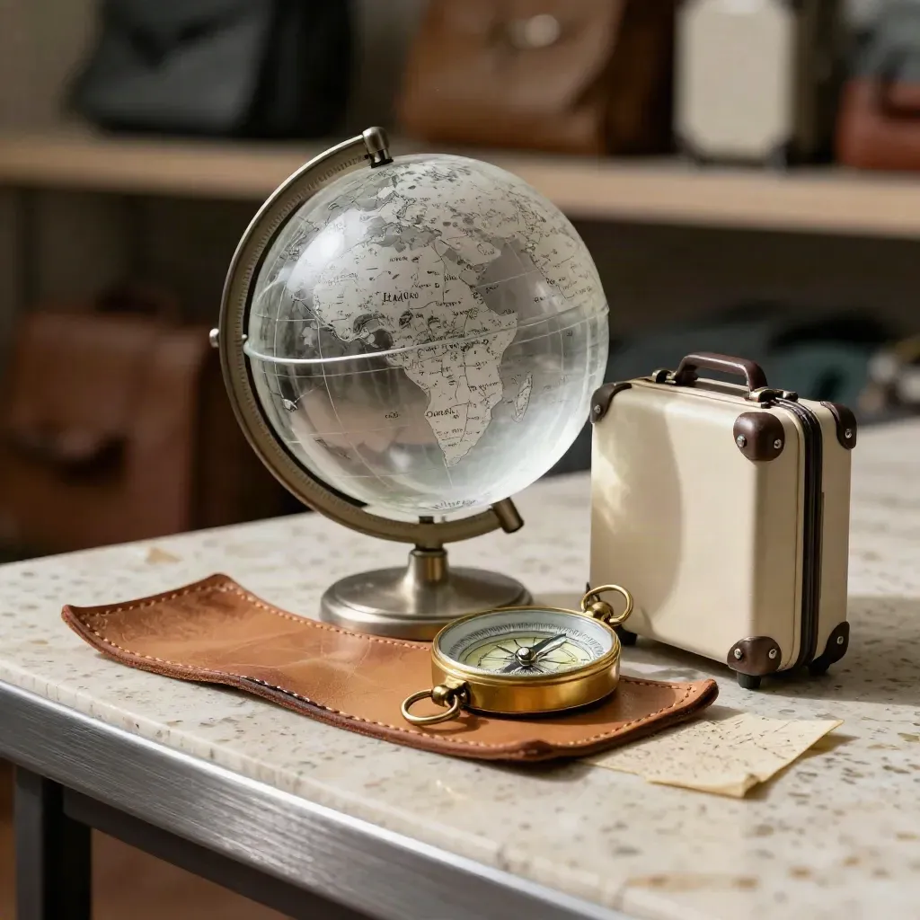 Nature morte macro d’un globe, d’une boussole, de cuirs et d’une mini valise sur travertin.