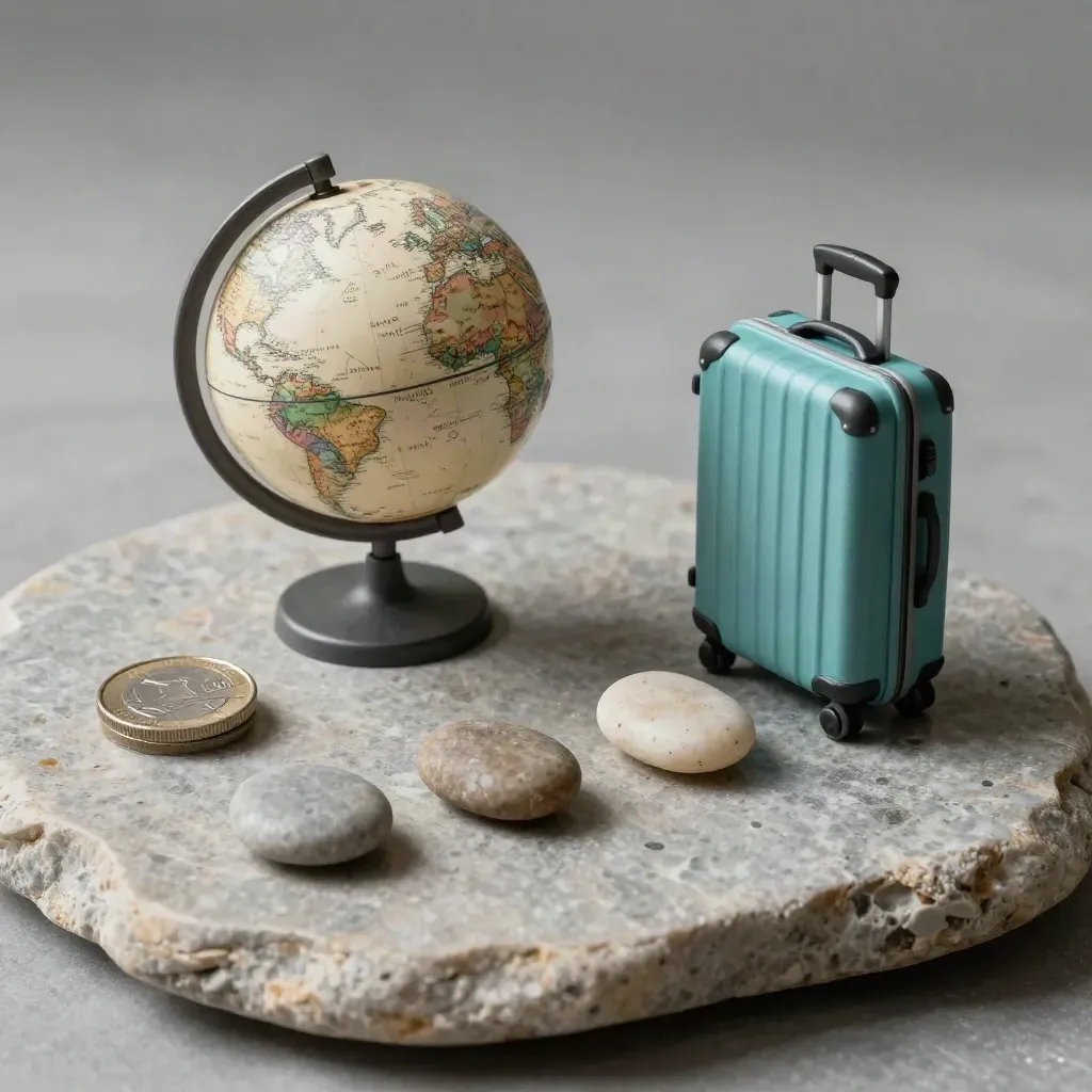 Mini globe, valise et galets sur pierre minérale, lumière douce et accent turquoise.