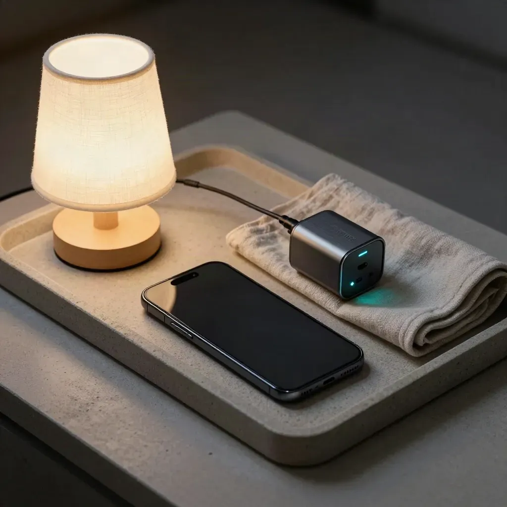 Smartphone face caché, chargeur compact et lampe allumée sur un plateau en pierre.