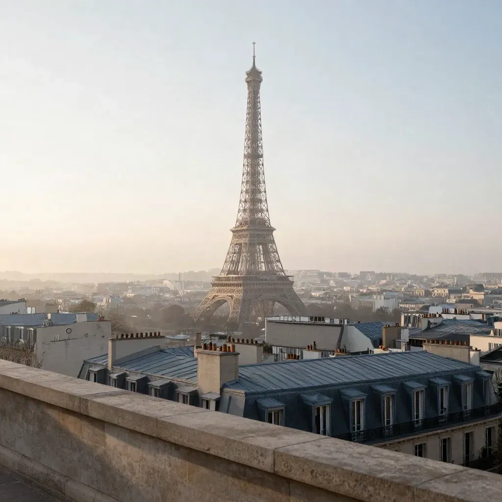 Tour Eiffel au lever du jour au-dessus des toits de Paris dans une brume pâle.