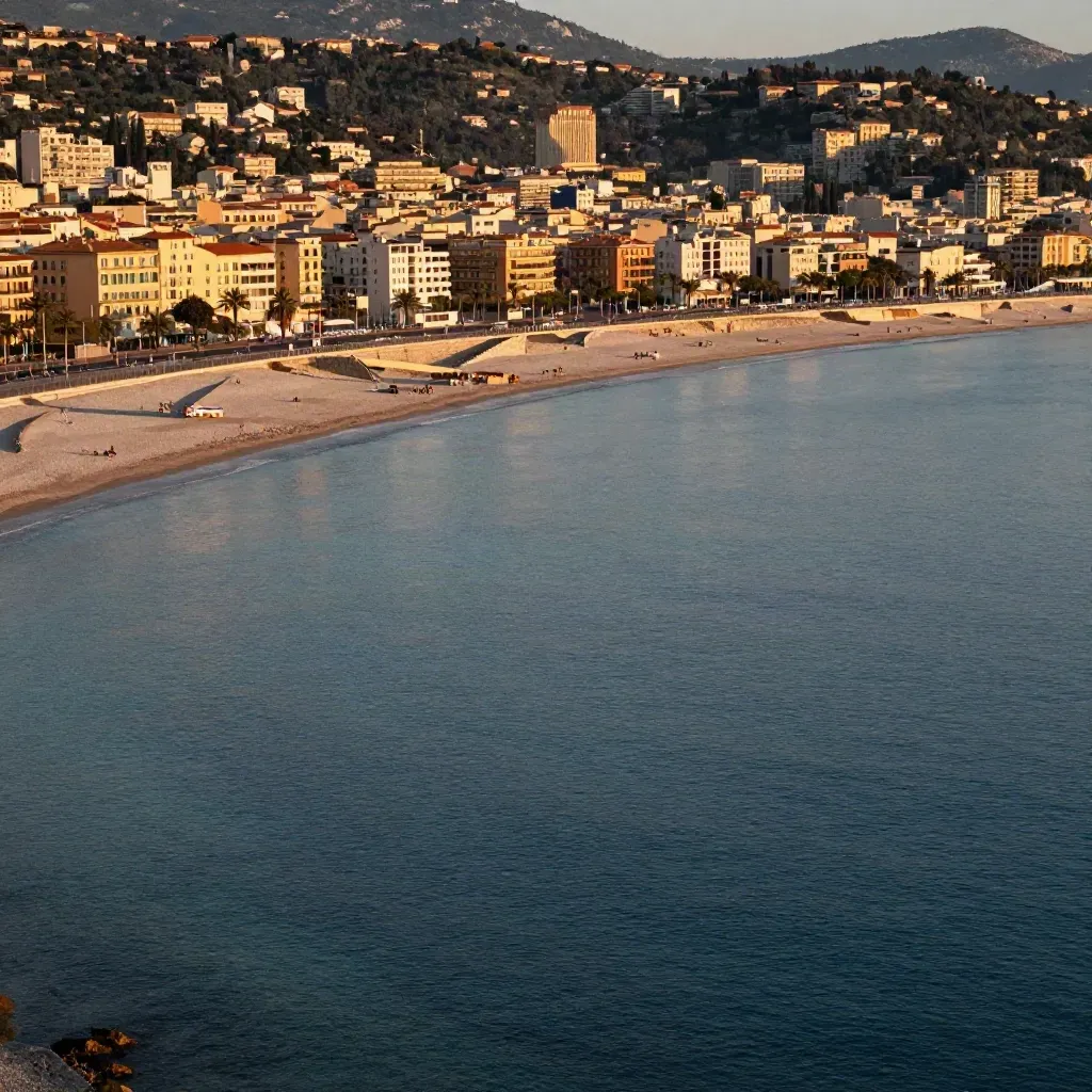 Baie de Nice au soleil bas, mer voilée et côte azuréenne vue en hauteur.