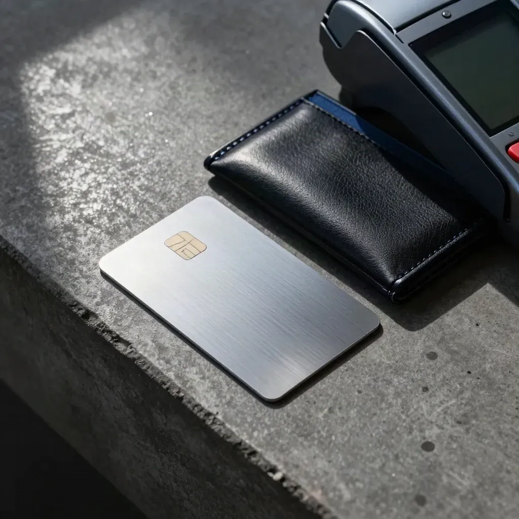 Carte métallique, porte-cartes fermé et terminal de paiement sur béton sombre, lumière dure de gauche.