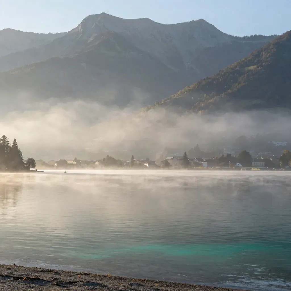 Lac d’Annecy au matin, montagnes en hauteur et eau calme sous la brume.