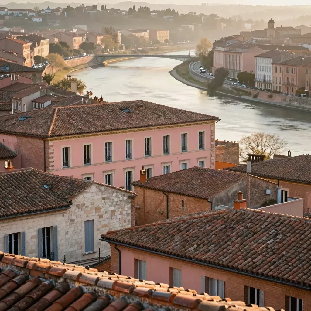 Toits en terre cuite de Toulouse et Garonne dans une lumière dorée douce