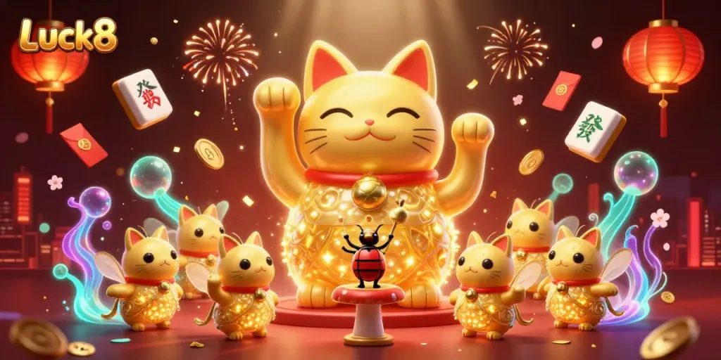 Engage with Luck8's vibrant casino atmosphere featuring a lucky cat and dynamic gaming symbols.