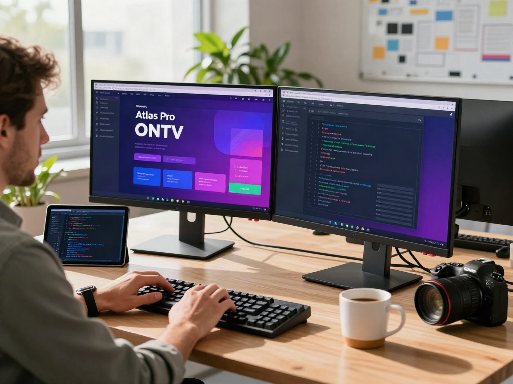 Interface d'Atlas pro ontv sur l'écran d'un développeur dans un bureau moderne, créant une atmosphère productive.