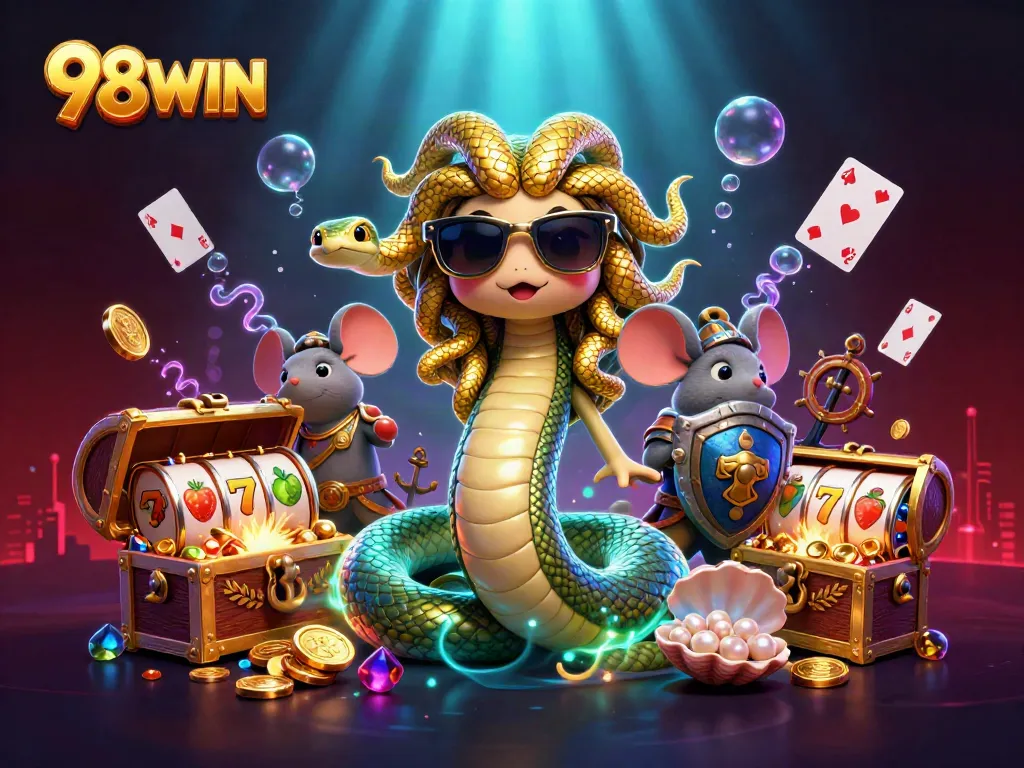 Engage with 98WIN through this vibrant scene showcasing Medusa and gaming elements for immersive fun.