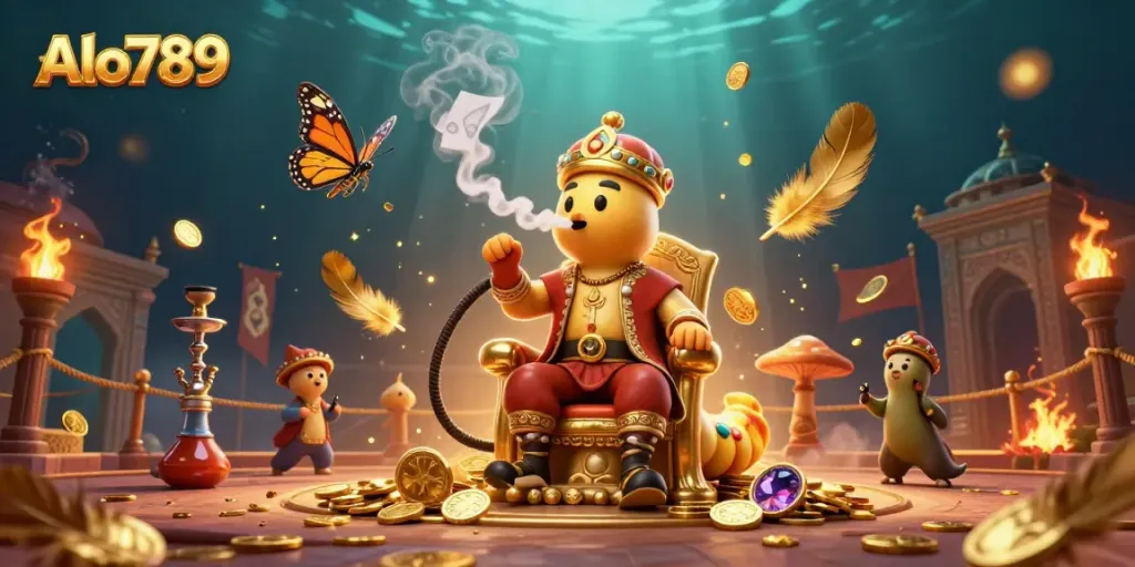 Alo789 captivates with a vibrant 3D scene where a caterpillar hookah-master enchants surrounded by gambling symbols and golden coins.