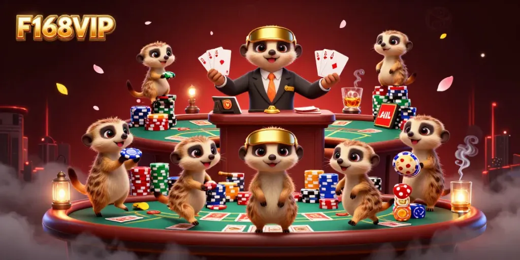 Engage in thrilling gameplay at F168VIP with a dynamic casino scene featuring meerkats and vibrant poker elements.