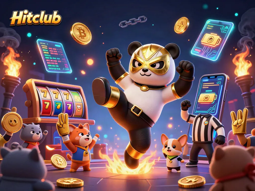 Hitclub game players enjoying a vibrant casino scene with animated characters and slots