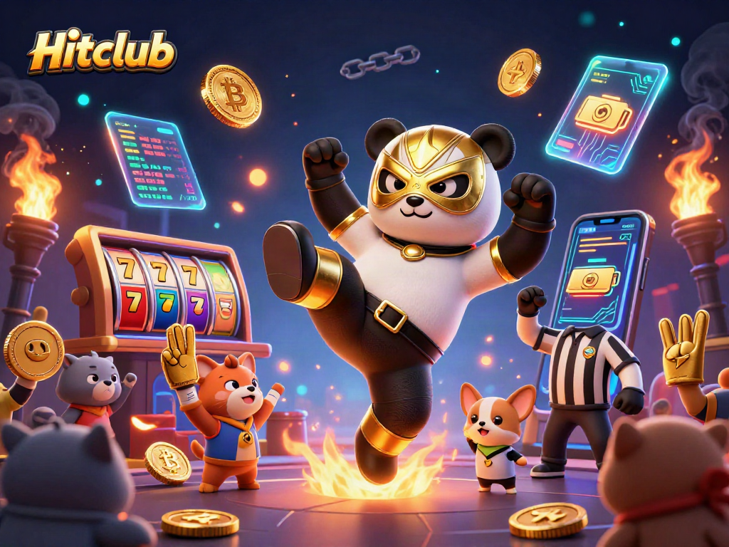 Hitclub game players enjoying a vibrant casino scene with animated characters and slots