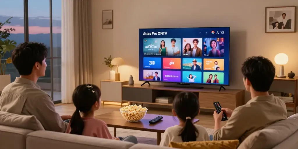 Famille utilisant l'application Atlas Pro pour une soirée cinéma à domicile.