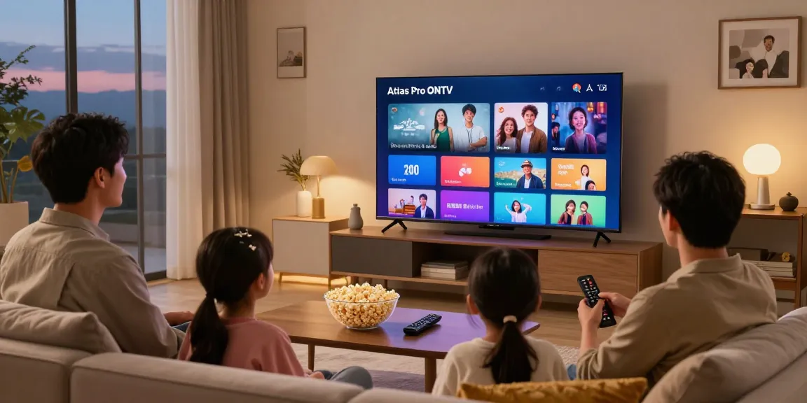 Famille utilisant l'application Atlas Pro pour une soirée cinéma à domicile.