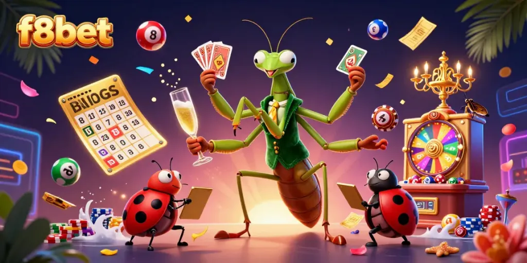 Engage with the dynamic f8bet casino scene featuring a giant mantis and ladybug in vibrant gaming activities.