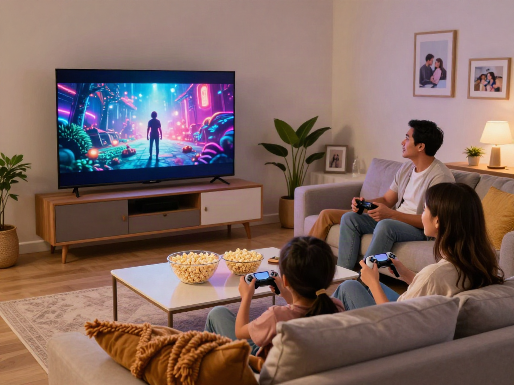 Famille profitant d'Atlas pro ontv dans un salon moderne avec ambiance chaleureuse.