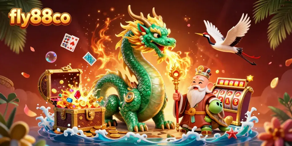 Experience golden wins with fly88co featuring a jade dragon, lucky cranes, and vibrant slot elements.