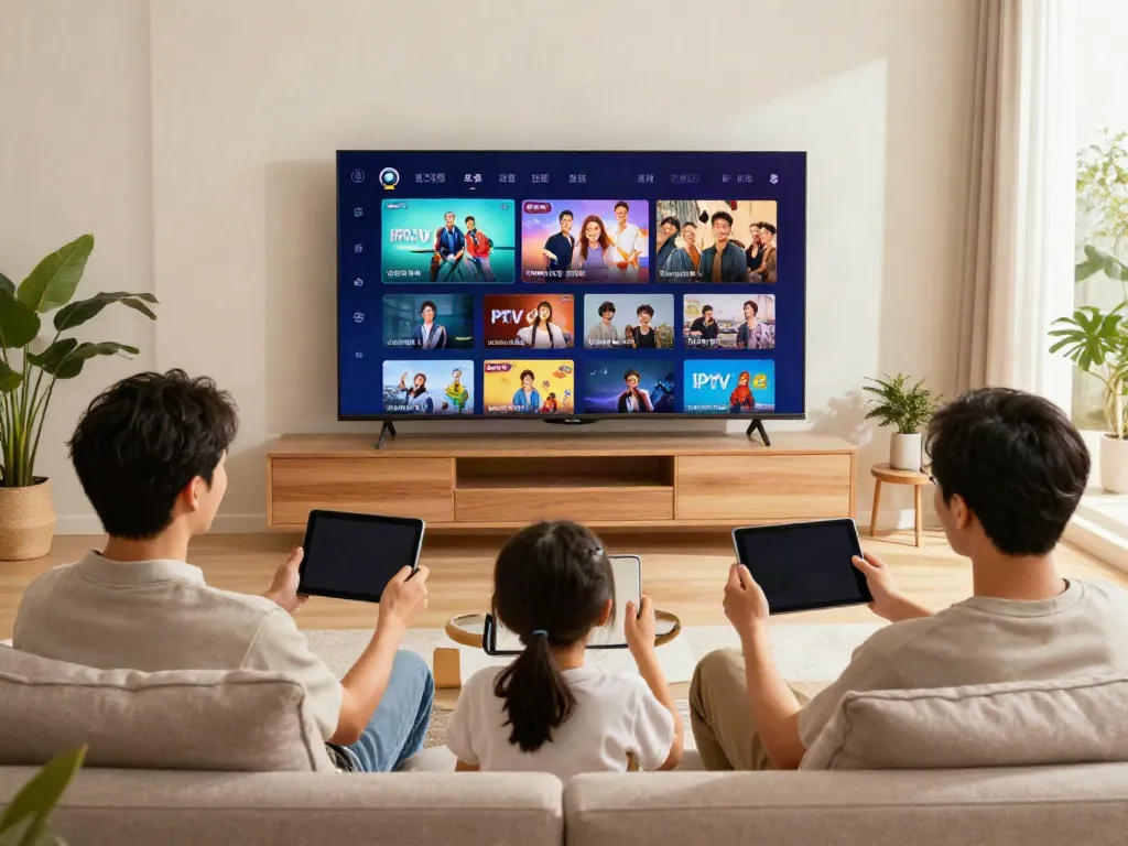 Abonnement IPTV France : famille profitant du streaming sur Smart TV dans un salon moderne et lumineux.