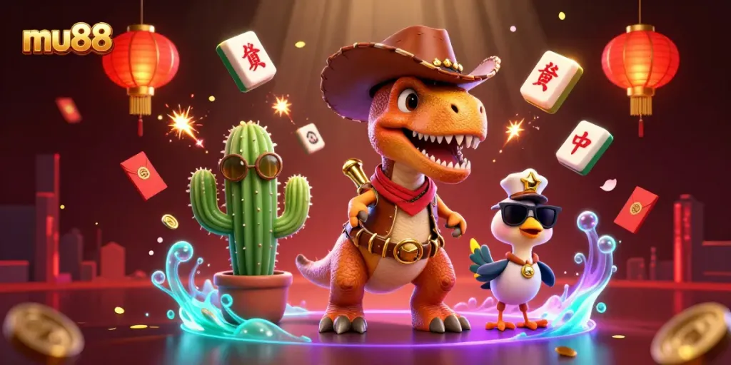 Experience mu88 with a vibrant 3D casino illustration featuring a T-Rex cowboy and festive game elements.