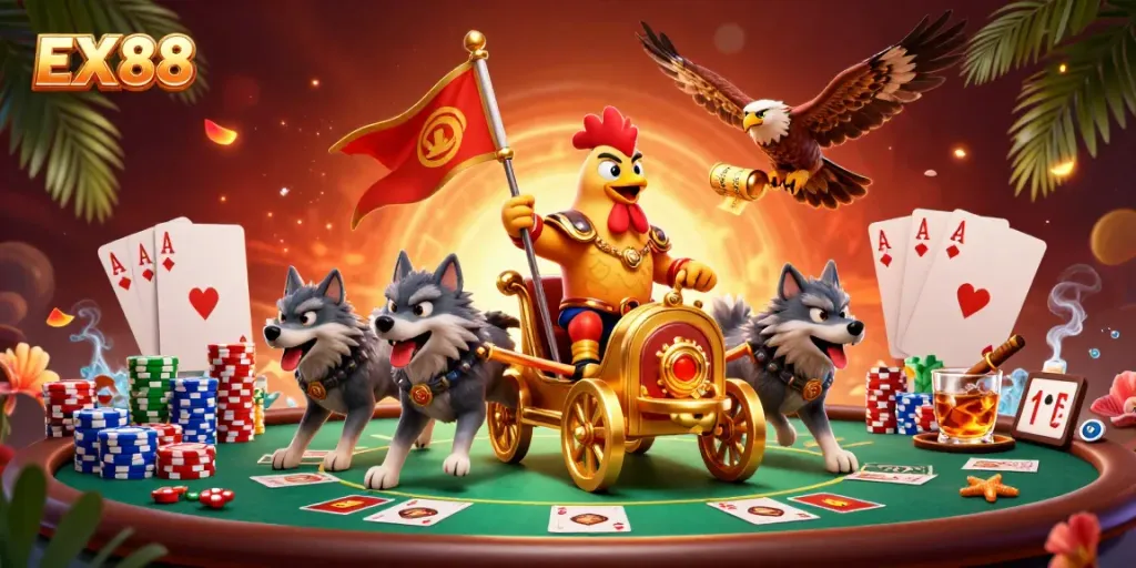 Engage with EX 88's exciting gambling scene featuring dynamic characters and poker elements.