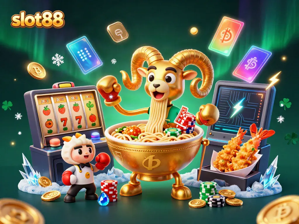 Join the excitement of slot88 in a festive casino scene with vibrant characters and elements.