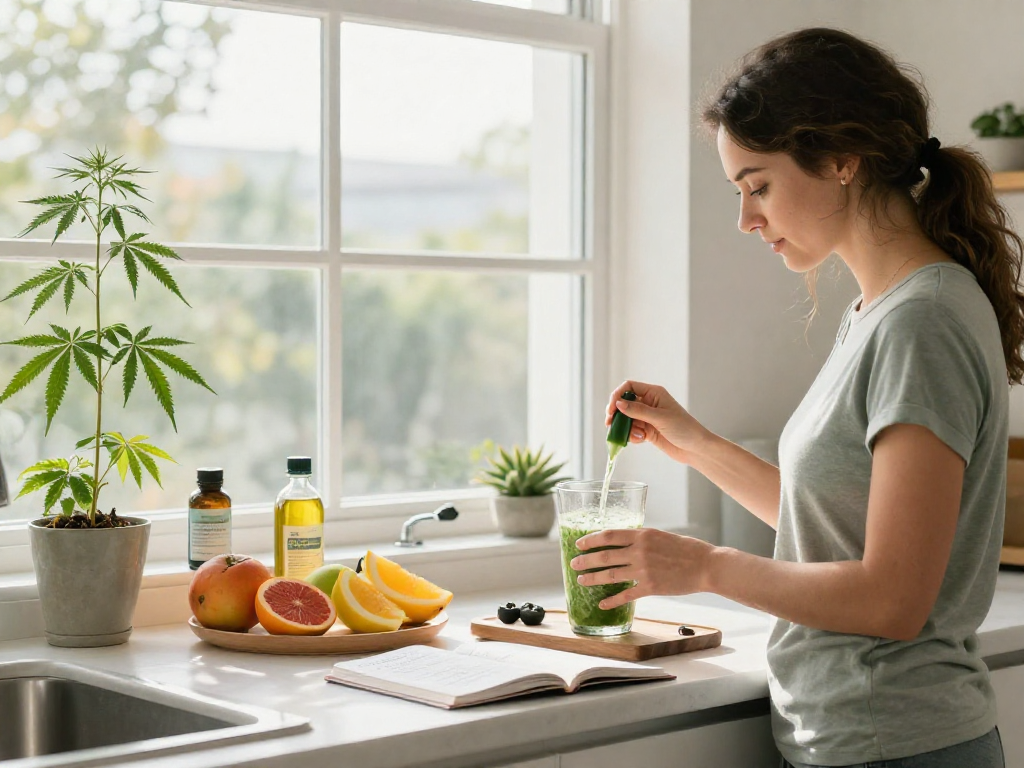 Scène de bien-être avec l'utilisation de CBD dans un smoothie, incluant l'huile CBD, illustrant le casino en ligne retrait instantané.