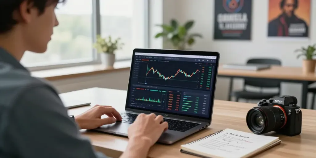 Essor Invexaro : interface de trading automatique sur ordinateur avec graphiques et stratégies, ambiance dynamique.