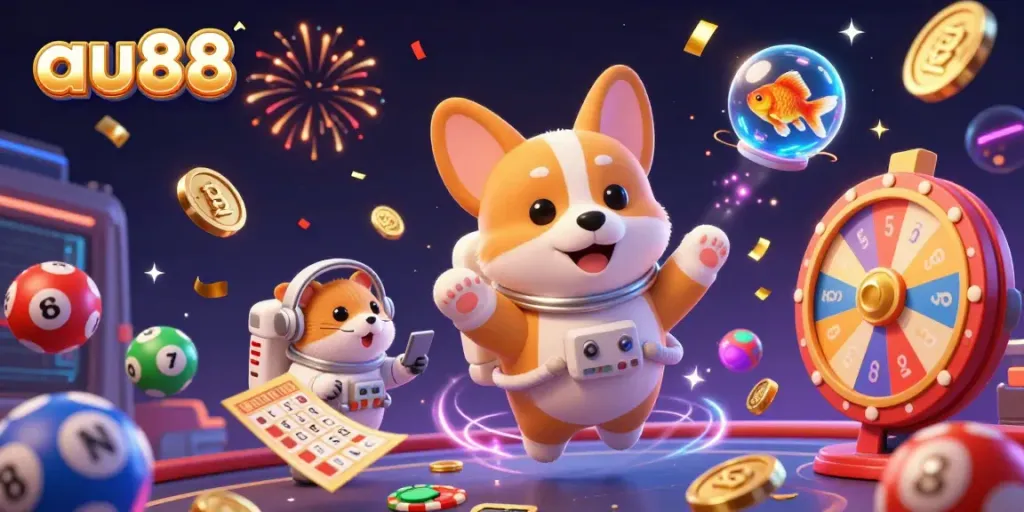 Experience the thrilling atmosphere of au88 with a vibrant space casino scene, featuring a corgi astronaut and festive game elements.