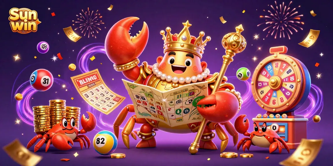 Experience the thrill of Sun win with a vibrant casino illustration featuring a golden crab and dynamic game elements.
