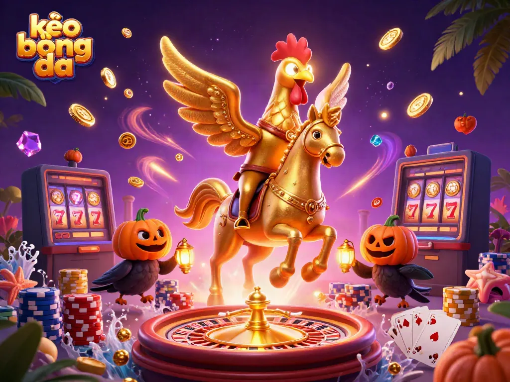 Experience the excitement of kèo bóng đá with golden rooster and dynamic casino scene, rich in detail.