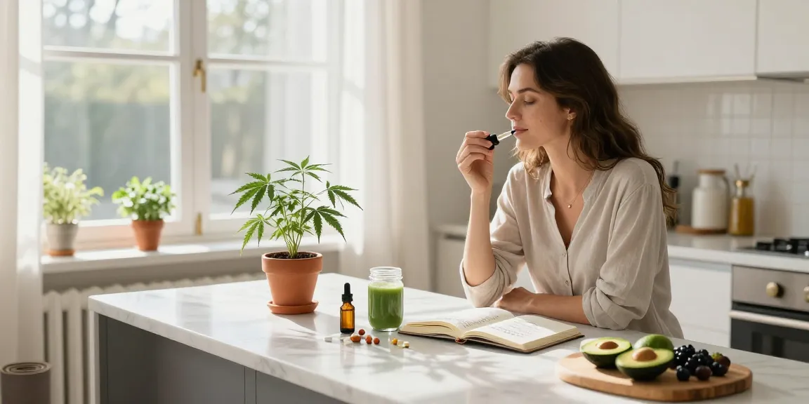 Casino en ligne retrait instantané avec huile CBD sur comptoir moderne, ambiance de bien-être, produits naturels.